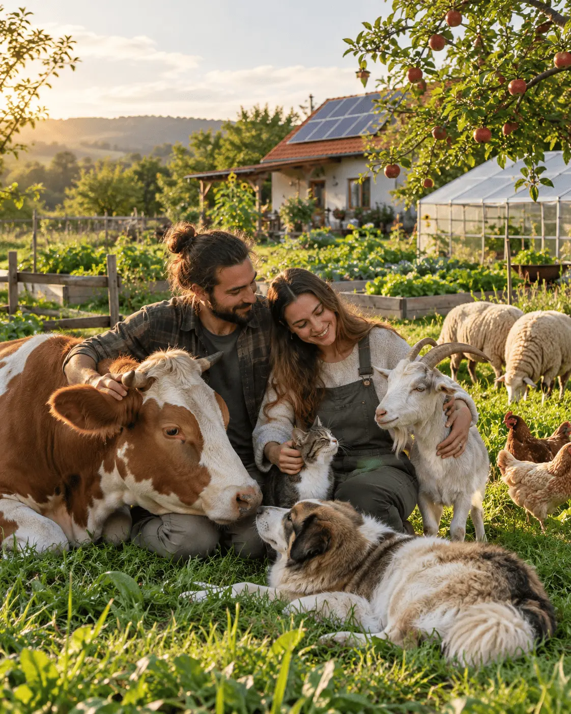 AI-generated picture: A smiling couple sitting in a vegetable garden with a cow, a goat, a cat, sheep and hens