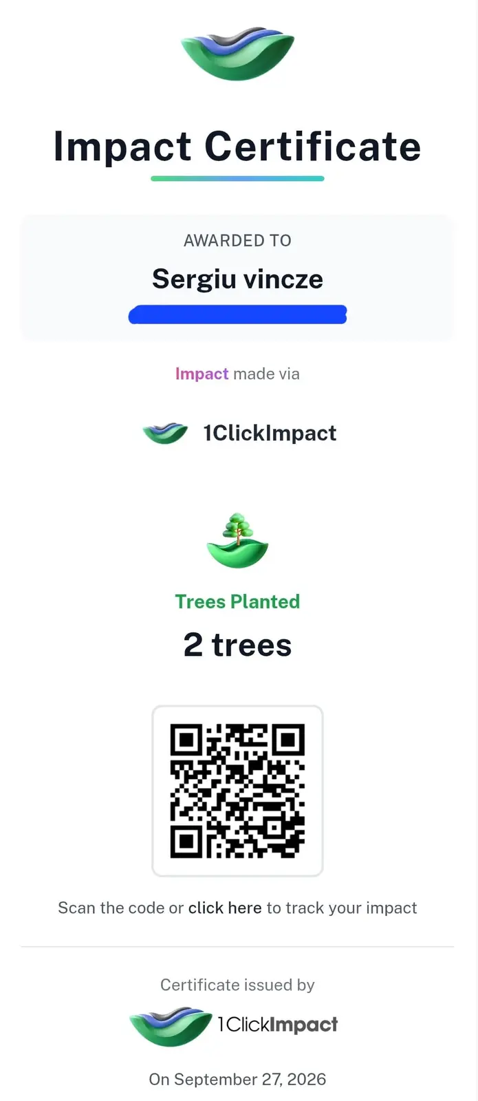 1ClickImpact certificate for 2 trees planted, issued 27 September 2026